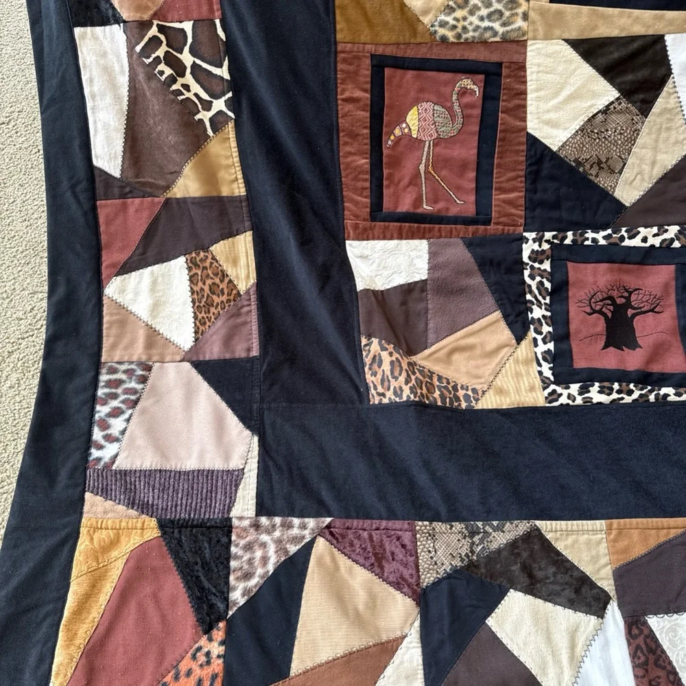 extra Large vintage, handmade Patchwork Animal safari Print Quilt brown and blk